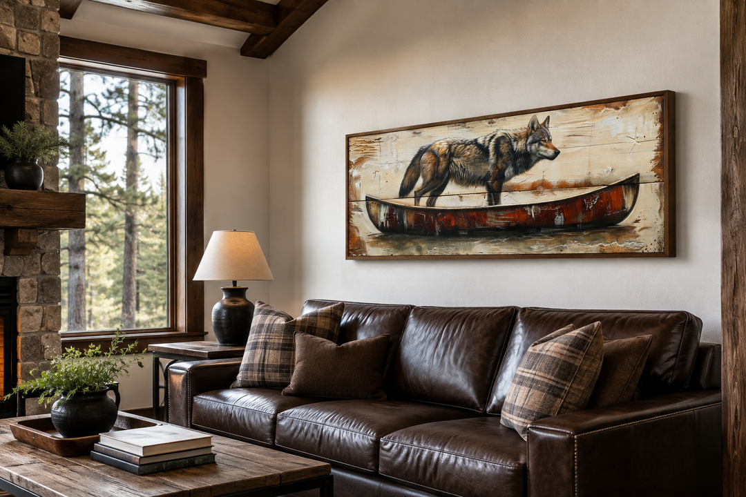 Rustic wolf in canoe long horizontal framed canvas wall art hanging above a brown leather sofa.
