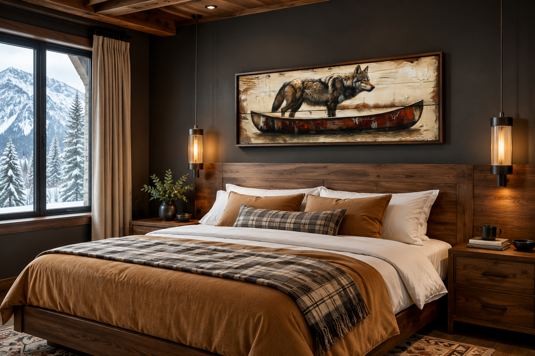 Rustic wolf in a canoe long horizontal framed canvas wall art hanging above a bed in a cabin.