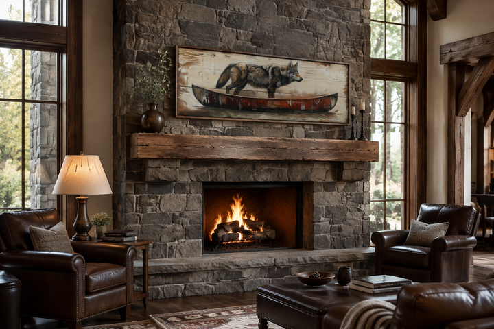 Rustic wolf in a canoe long horizontal framed canvas wall art hanging above a stone fireplace.