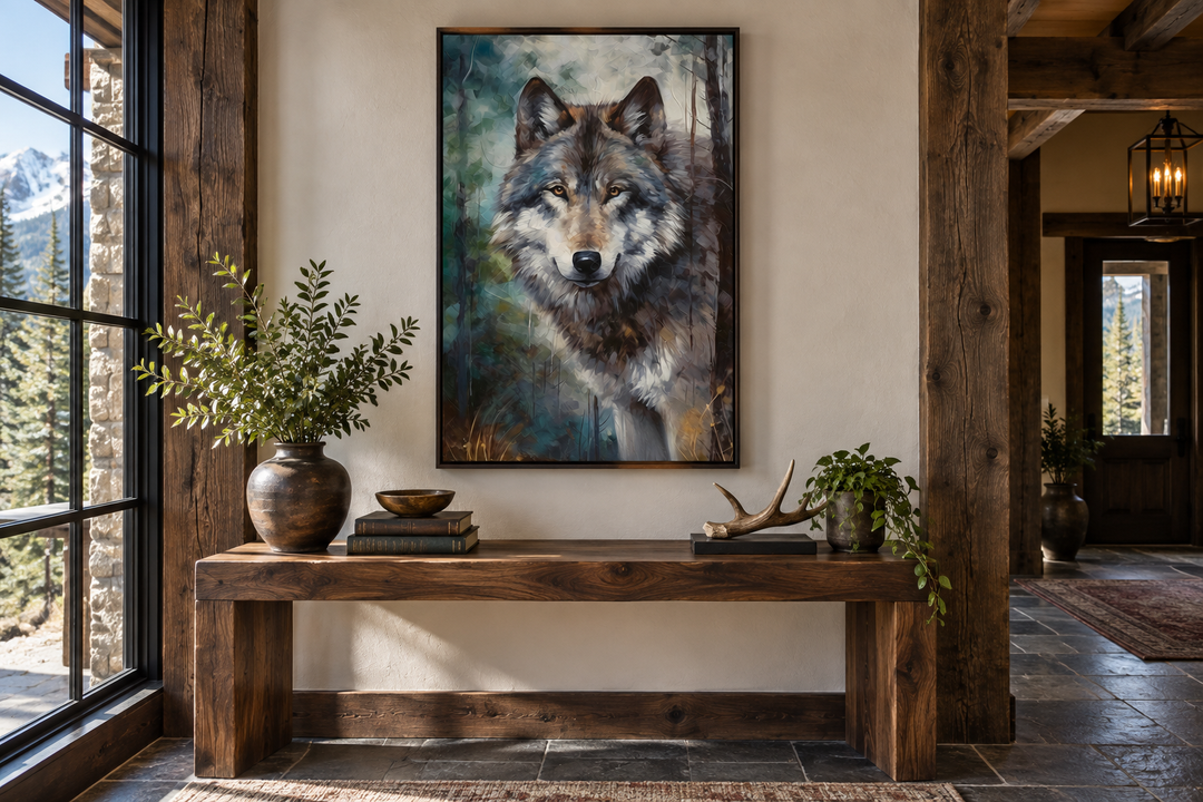 Wolf pop art painting in a black frame hanging above a rustic wooden console table.