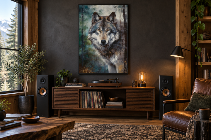 Wolf pop art painting framed canvas wall art hanging above a wooden record player console.