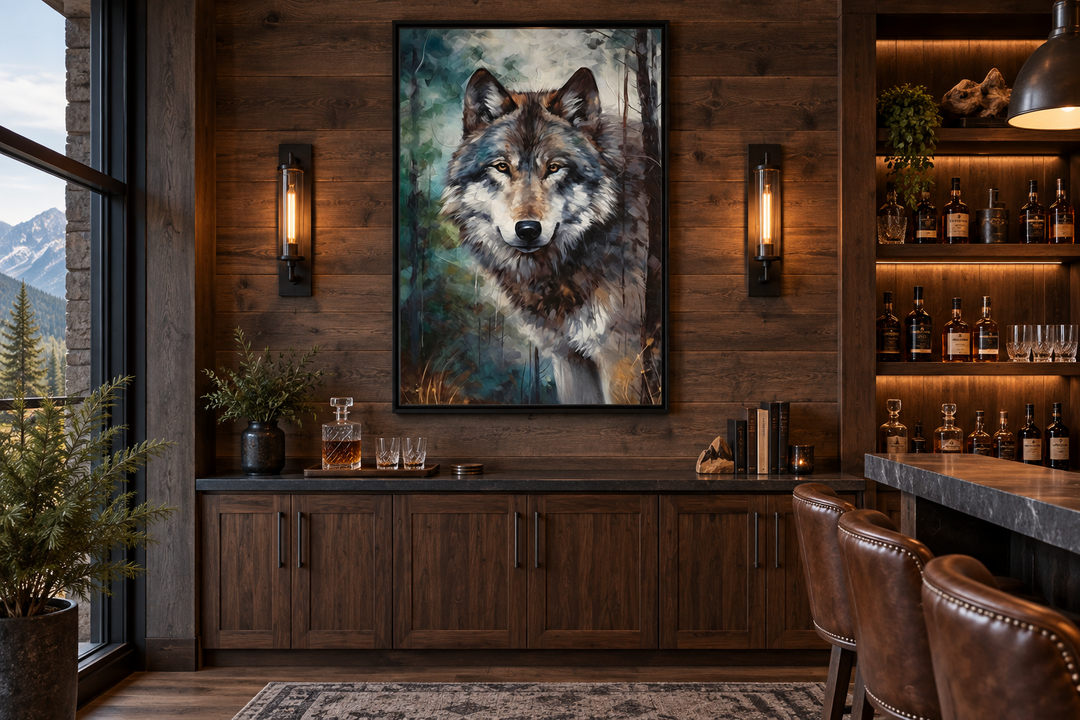 Framed wolf pop art canvas wall art hanging in a rustic cabin bar with wood paneling.