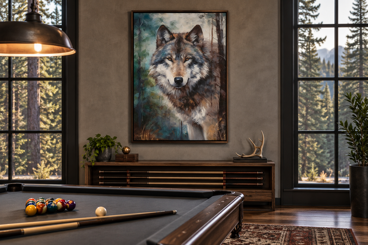 Wolf Pop Art Painting Framed Canvas Wall Art hanging in a rustic game room above a pool table.