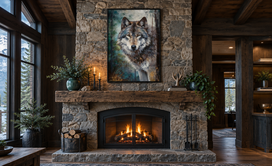 Wolf Pop Art Painting Framed Canvas Wall Art hanging above a rustic stone fireplace in a cabin.