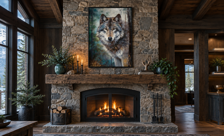 Wolf Pop Art Painting Framed Canvas Wall Art hanging above a rustic stone fireplace in a cabin.