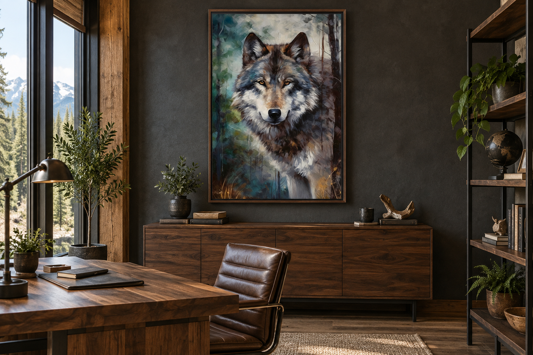 Framed wolf pop art canvas painting hanging on a dark wall in a rustic modern office setting.