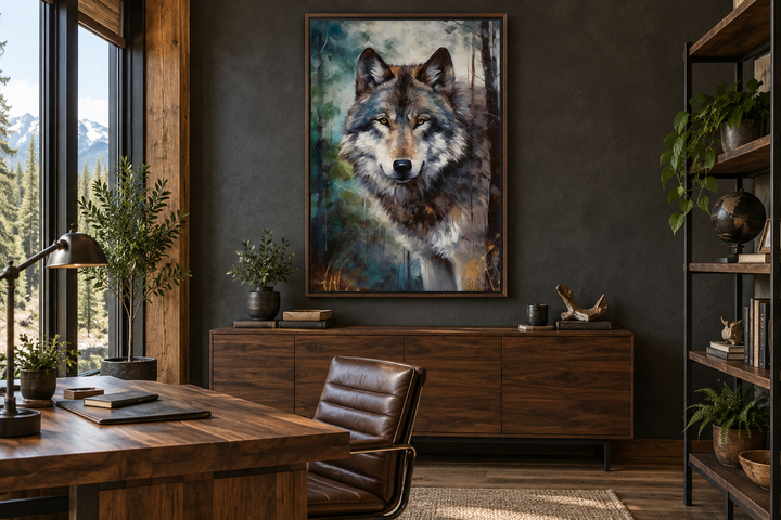 Framed wolf pop art canvas painting hanging on a dark wall in a rustic modern office setting.