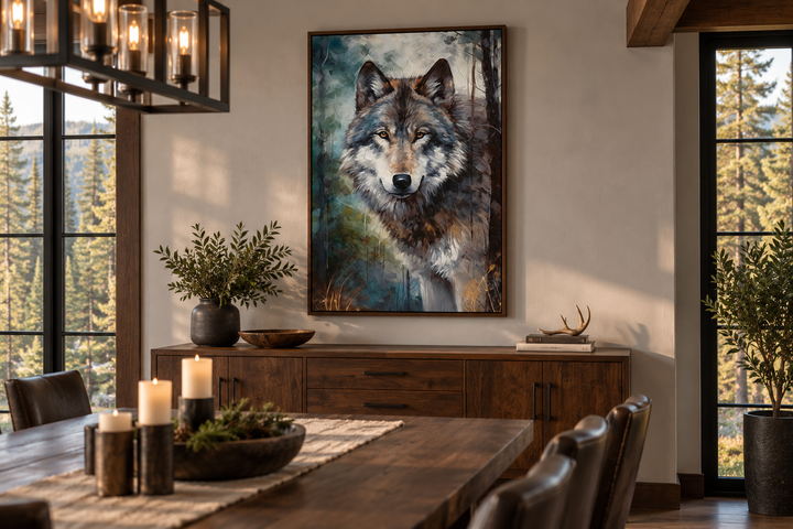 Wolf Pop Art Painting Framed Canvas Wall Art in a rustic dining room setting.