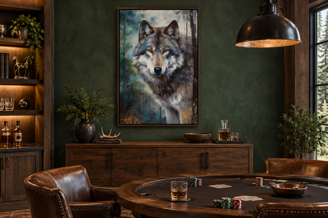 Framed wolf pop art canvas wall art hanging in a rustic game room above a wooden sideboard.