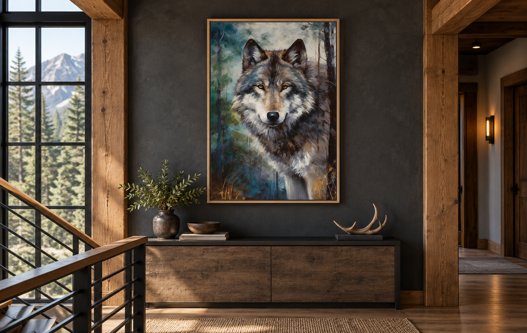 Framed wolf pop art canvas wall art hanging above a wooden console in a rustic cabin interior.