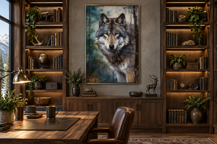 Wolf Pop Art Painting Framed Canvas Wall Art displayed in a rustic study with dark wood bookshelves.