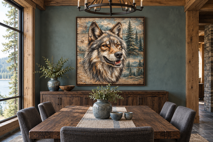 Rustic wolf painting on wood framed canvas wall art hanging in a lodge-style dining room.