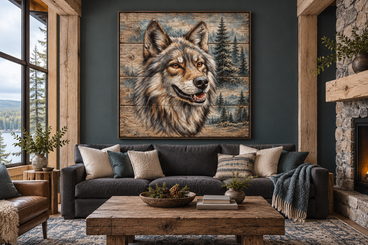 Rustic wolf painting on wood framed canvas wall art above a dark sofa in a cabin living room.