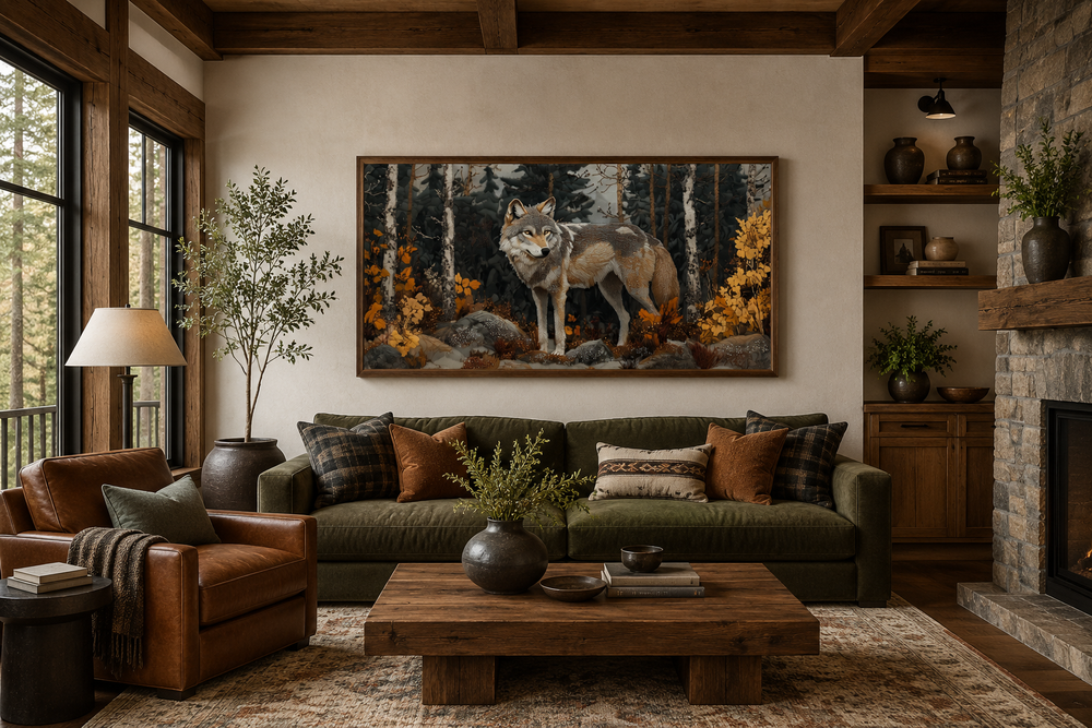 Wolf in the forest vintage tapestry style framed canvas wall art above a green sofa in a cabin.