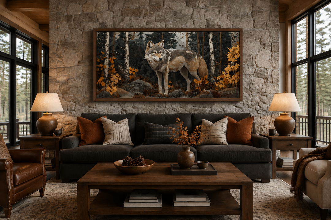 Wolf in the forest vintage tapestry style framed canvas wall art above a sofa in a rustic room.