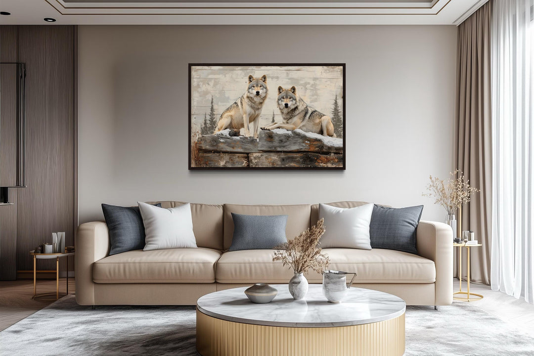 Wolves In The Forest Painting On Wood Rustic Canvas Wall Art