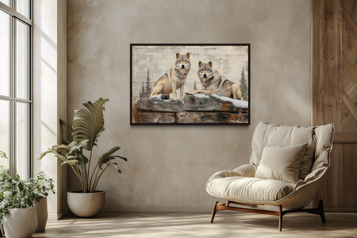 Wolves In The Forest Painting On Wood Rustic Canvas Wall Art