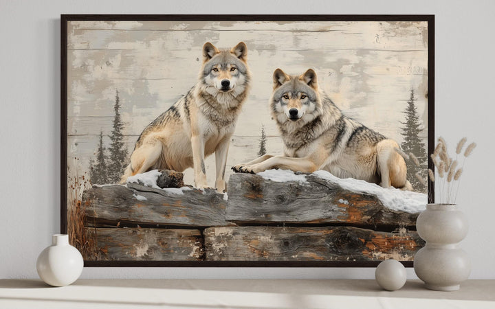 Wolves In The Forest Painting On Wood Rustic Canvas Wall Art