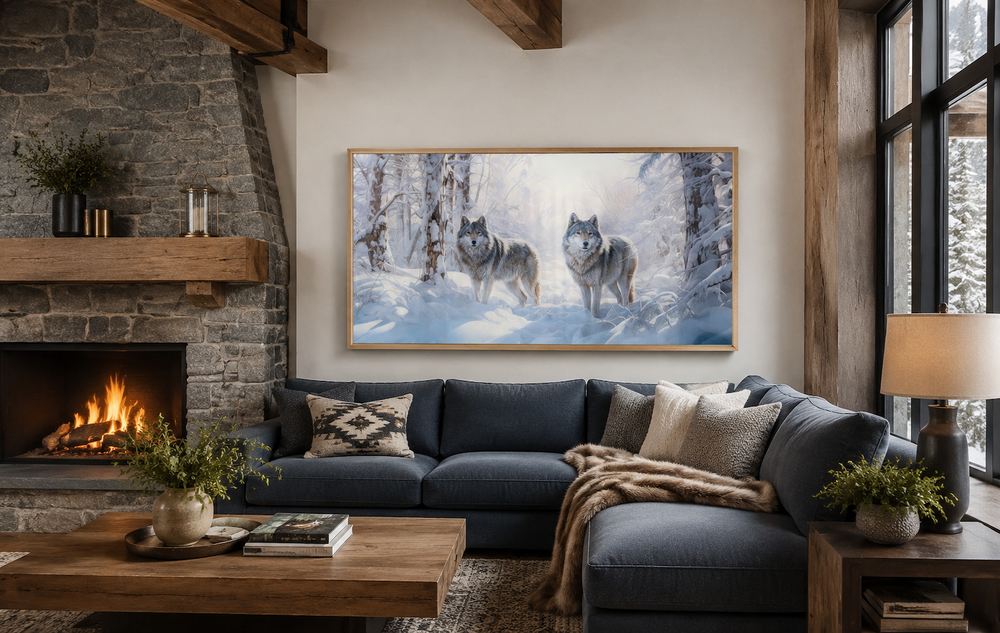 Wolves in Winter Forest Snow Framed Canvas Wall Art hanging above a sofa in a rustic living room.
