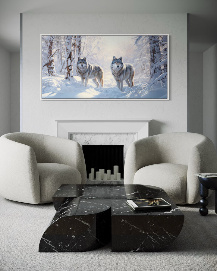 Wolves in Winter Forest Snow Framed Canvas Wall Art