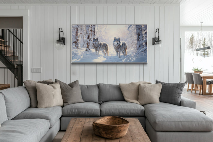 Wolves in Winter Forest Snow Framed Canvas Wall Art