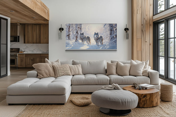 Wolves in Winter Forest Snow Framed Canvas Wall Art