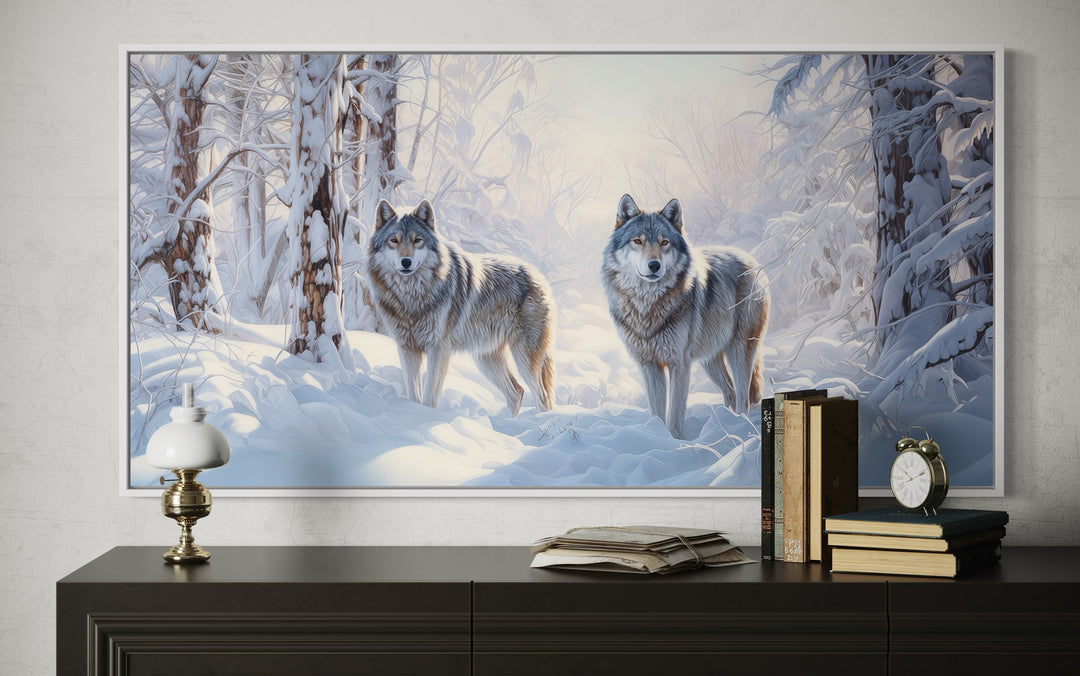 Wolves in Winter Forest Snow Framed Canvas Wall Art