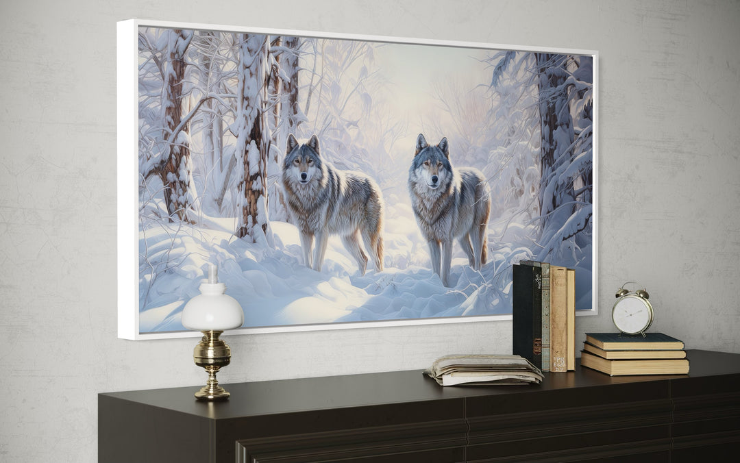 Wolves in Winter Forest Snow Framed Canvas Wall Art