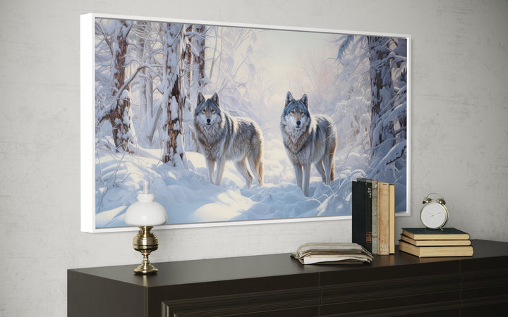 Wolves in Winter Forest Snow Framed Canvas Wall Art