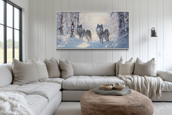 Wolves in Winter Forest Snow Framed Canvas Wall Art