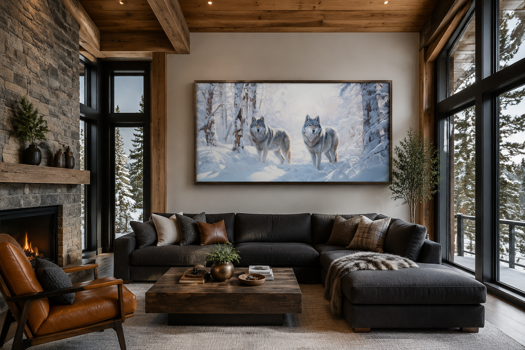 Framed canvas wall art of two wolves in a snowy winter forest above a dark sectional sofa.