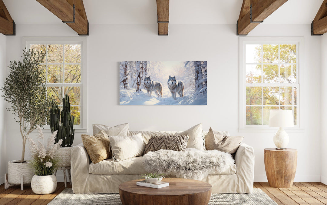 Wolves in Winter Forest Snow Photography Style Canvas Wall Art