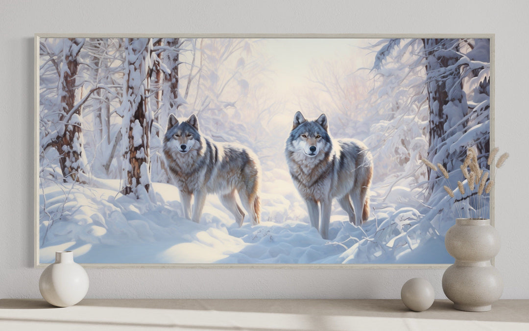 Wolves in Winter Forest Snow Photography Style Canvas Wall Art