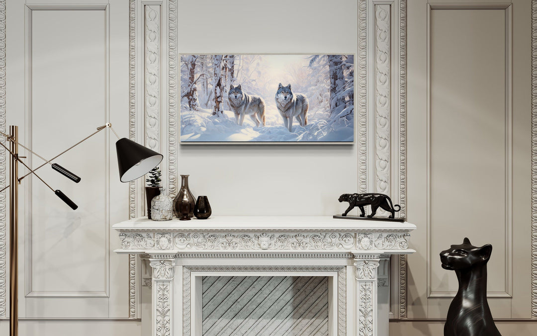 Wolves in Winter Forest Snow Photography Style Canvas Wall Art