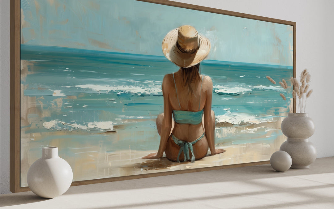 Woman Beach Wall Art - Framed Coastal Canvas Print With Wide Brim Hat