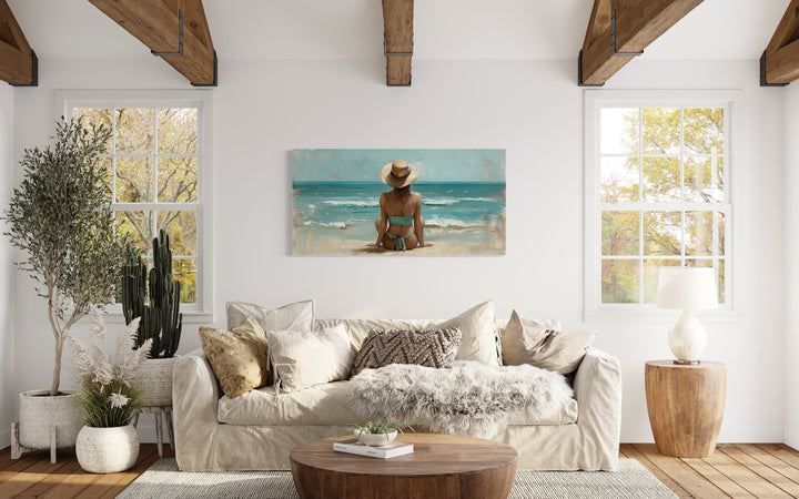 Woman Beach Wall Art - Framed Coastal Canvas Print With Wide Brim Hat