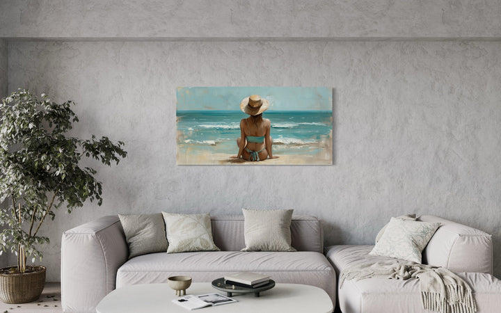 Woman Beach Wall Art - Framed Coastal Canvas Print With Wide Brim Hat