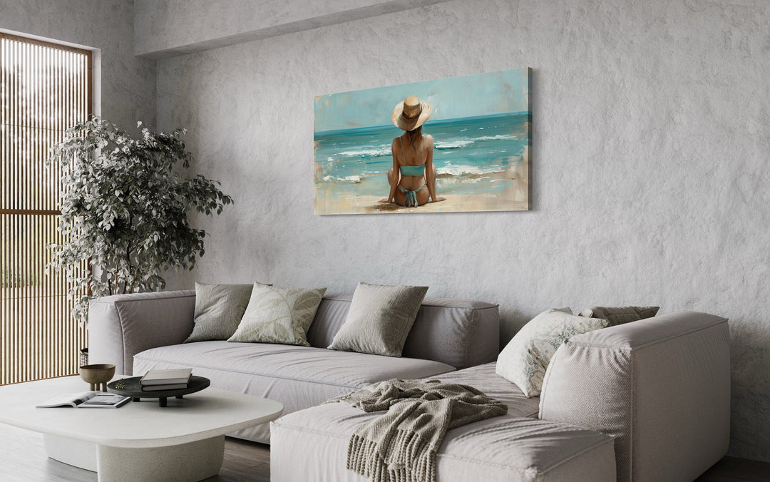 Woman Beach Wall Art - Framed Coastal Canvas Print With Wide Brim Hat