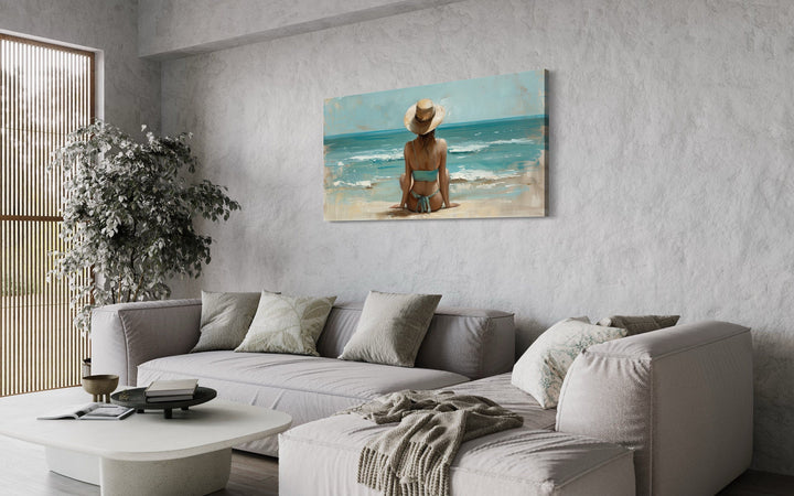 Woman Beach Wall Art - Framed Coastal Canvas Print With Wide Brim Hat