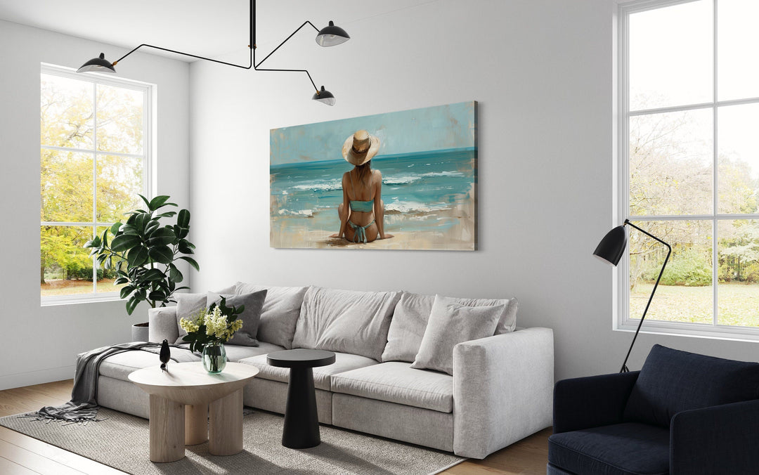 Woman Beach Wall Art - Framed Coastal Canvas Print With Wide Brim Hat