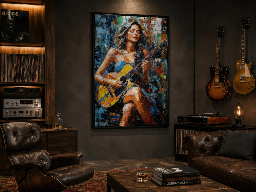A large, colorful abstract canvas painting of a woman playing a guitar in a moody, modern room.