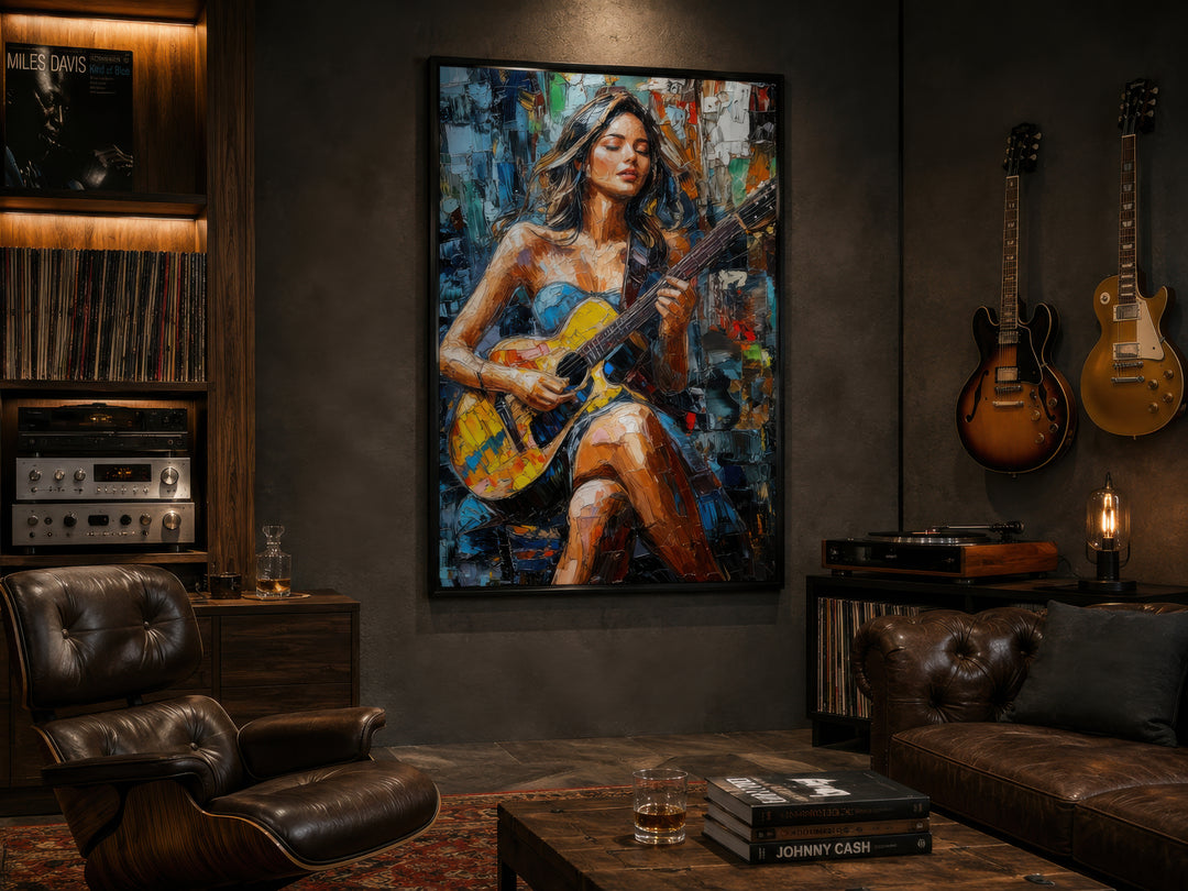 A large, colorful abstract canvas painting of a woman playing a guitar in a moody, modern room.