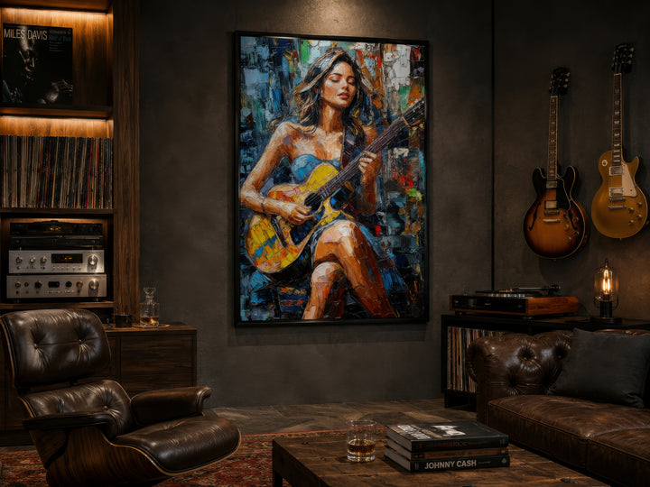 A large, colorful abstract canvas painting of a woman playing a guitar in a moody, modern room.