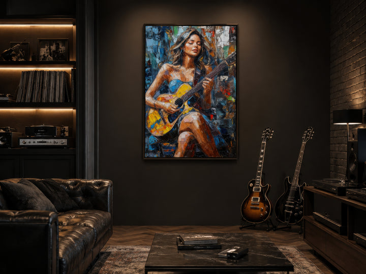 Modern abstract canvas art of a woman playing guitar in a dark, sophisticated music room.