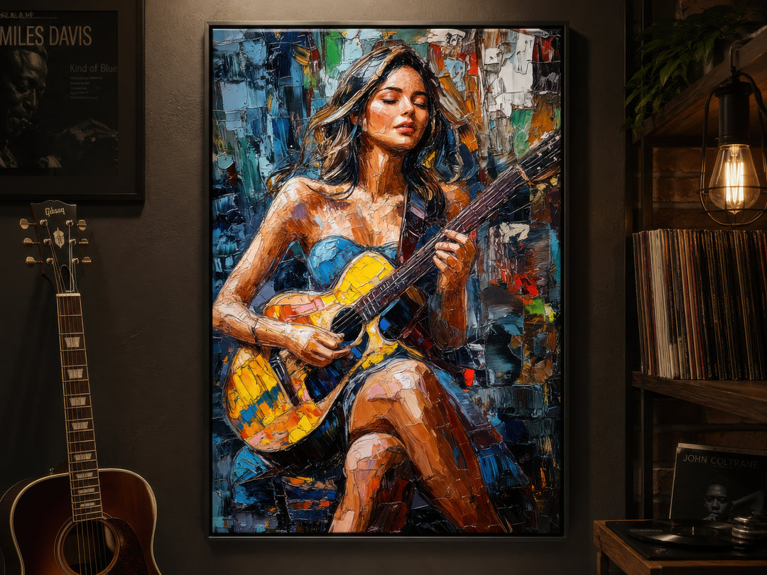 Modern abstract canvas art of a woman playing guitar with vibrant, textured impasto brushstrokes.