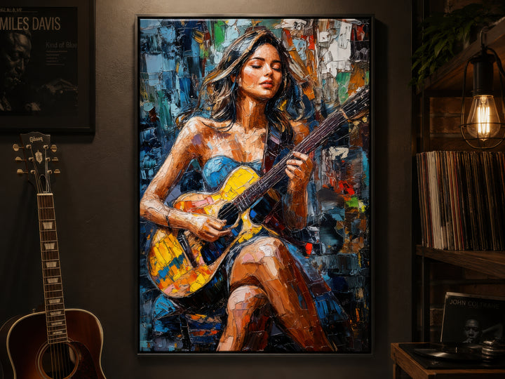Modern abstract canvas art of a woman playing guitar with vibrant, textured impasto brushstrokes.