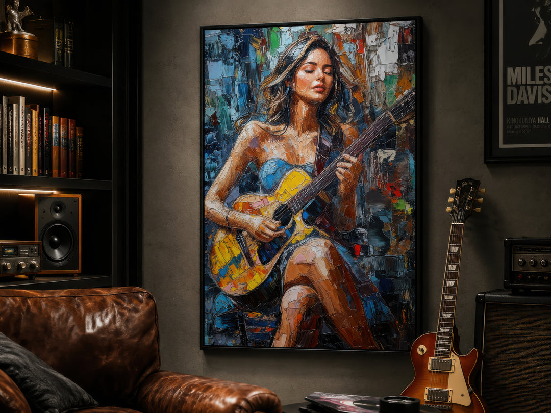Modern abstract canvas art of a woman playing guitar in a vibrant, textured impasto style.