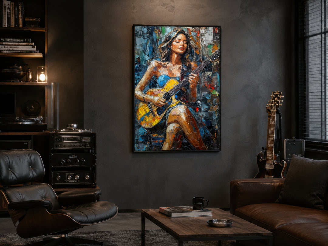 Modern abstract wall art of a woman playing guitar in a vibrant, textured painting style.