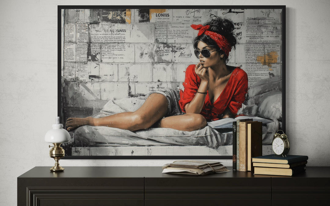 Woman Reading On Bed – Graffiti Wall Art Urban Lounge Decor, Modern Street Art Style Canvas