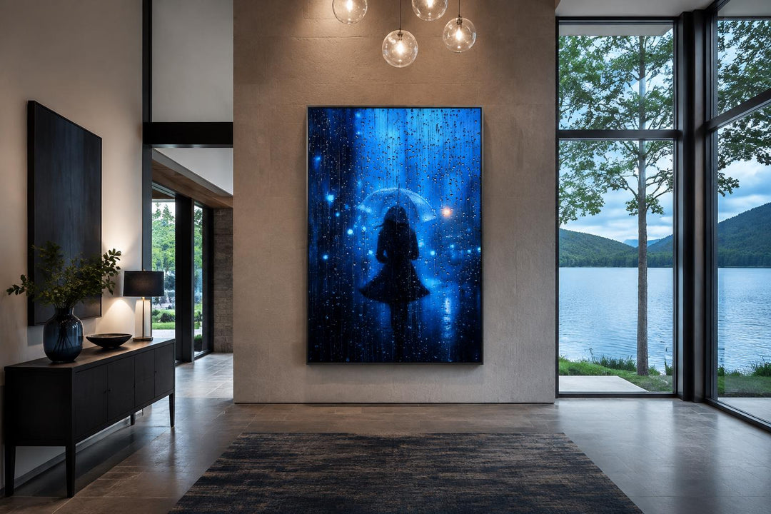 Vertical canvas wall art of a woman's silhouette with an umbrella in blue rain on a stone wall.